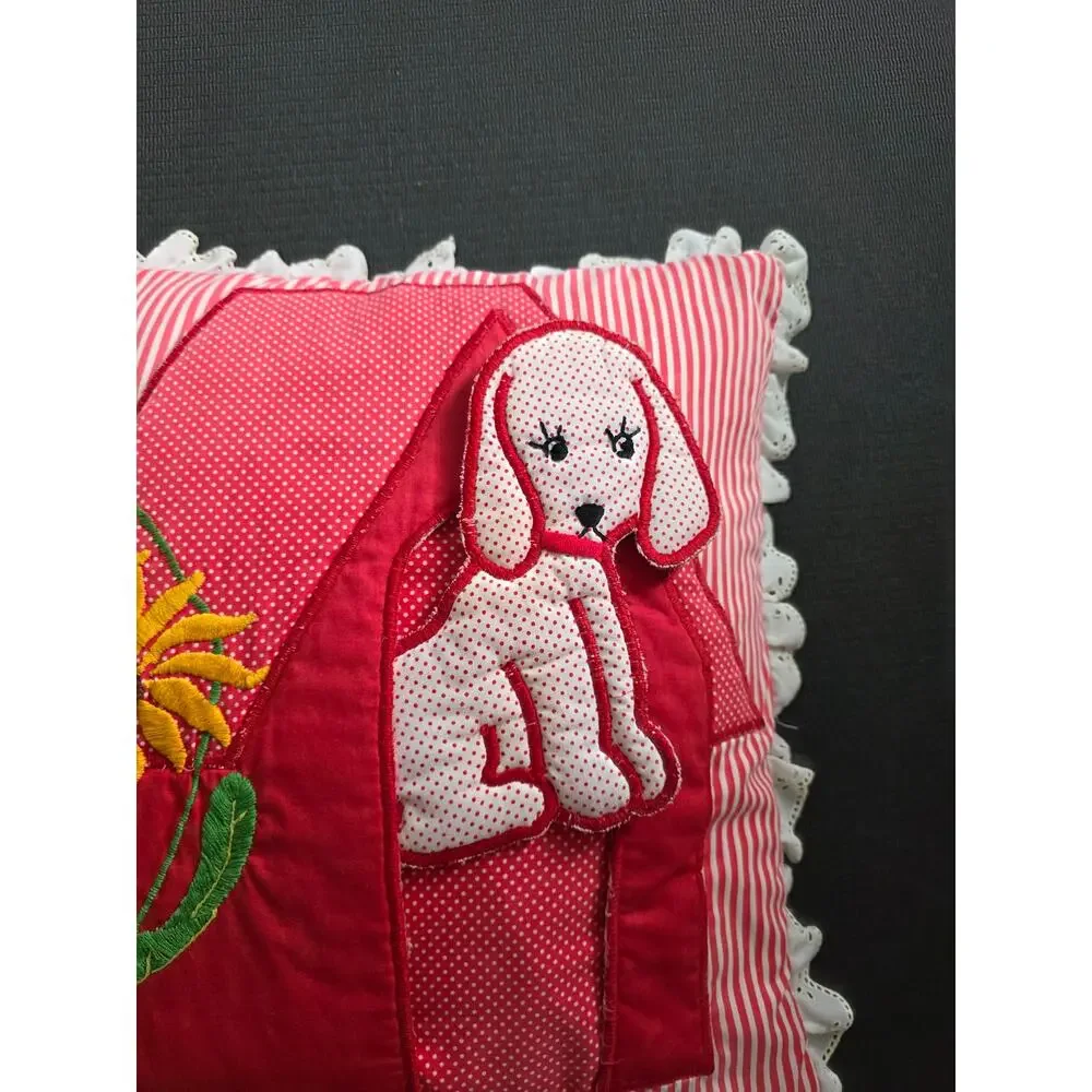 Vintage Homemade Sewn Embroidered Puppy Pillow Red Eyelet Lace Nursery Polka Dot